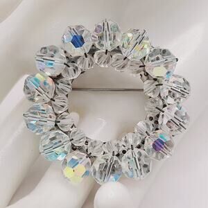 Vintage AB Crystal Wreath Brooch Aurora Borealis Rhinestone Pin